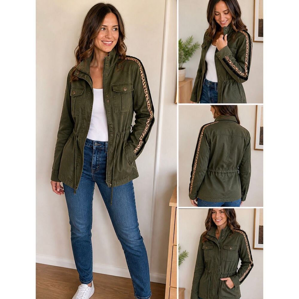 Aqua Olive Utility Jacket Size L Military Style Zip Front Casual Chic